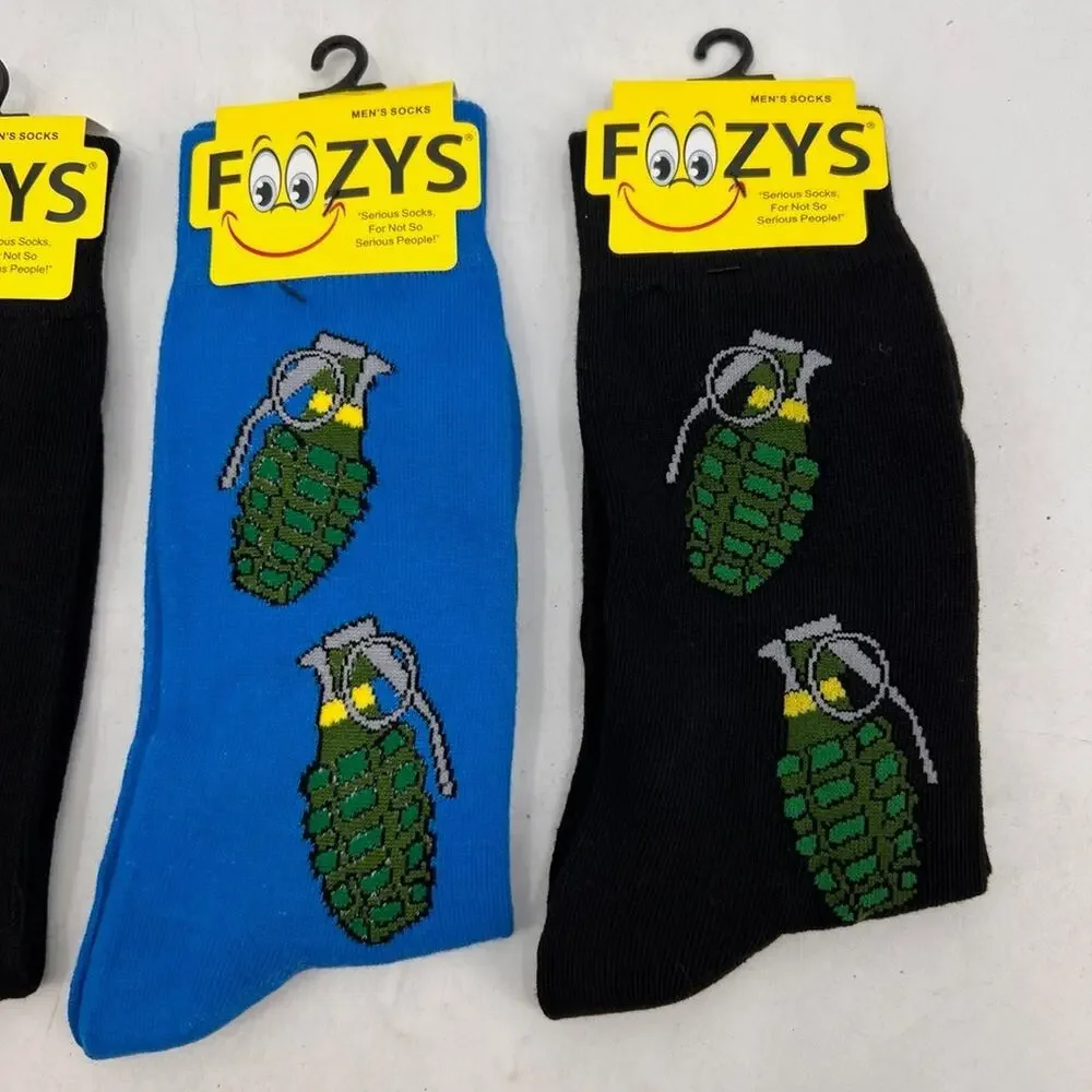 Foozys Socks Mens 6-12 Grenades Stretch Crew Novelty Military Themed Lot 4 Pairs